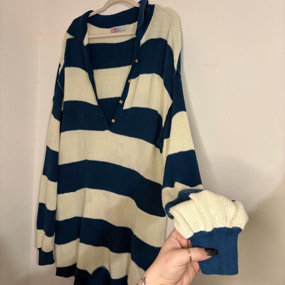Free People Beach Knit Picnic Stripe Sweater Romper In Sailers Blue Combo medium - Picture 3 of 15